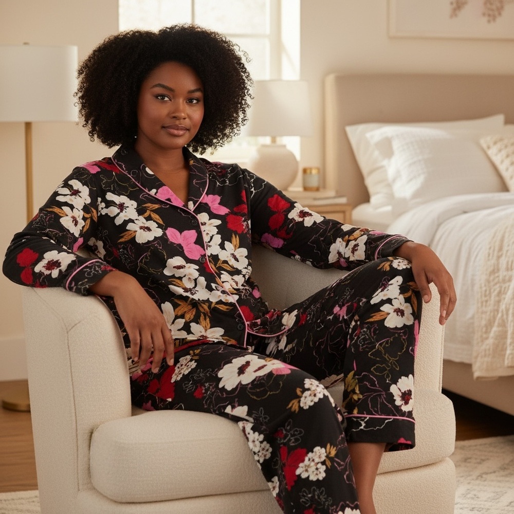 Room Service Women's Shawl Collar Pajama Set/Black with Floral/Size: X-Large - Picture 11 of 16